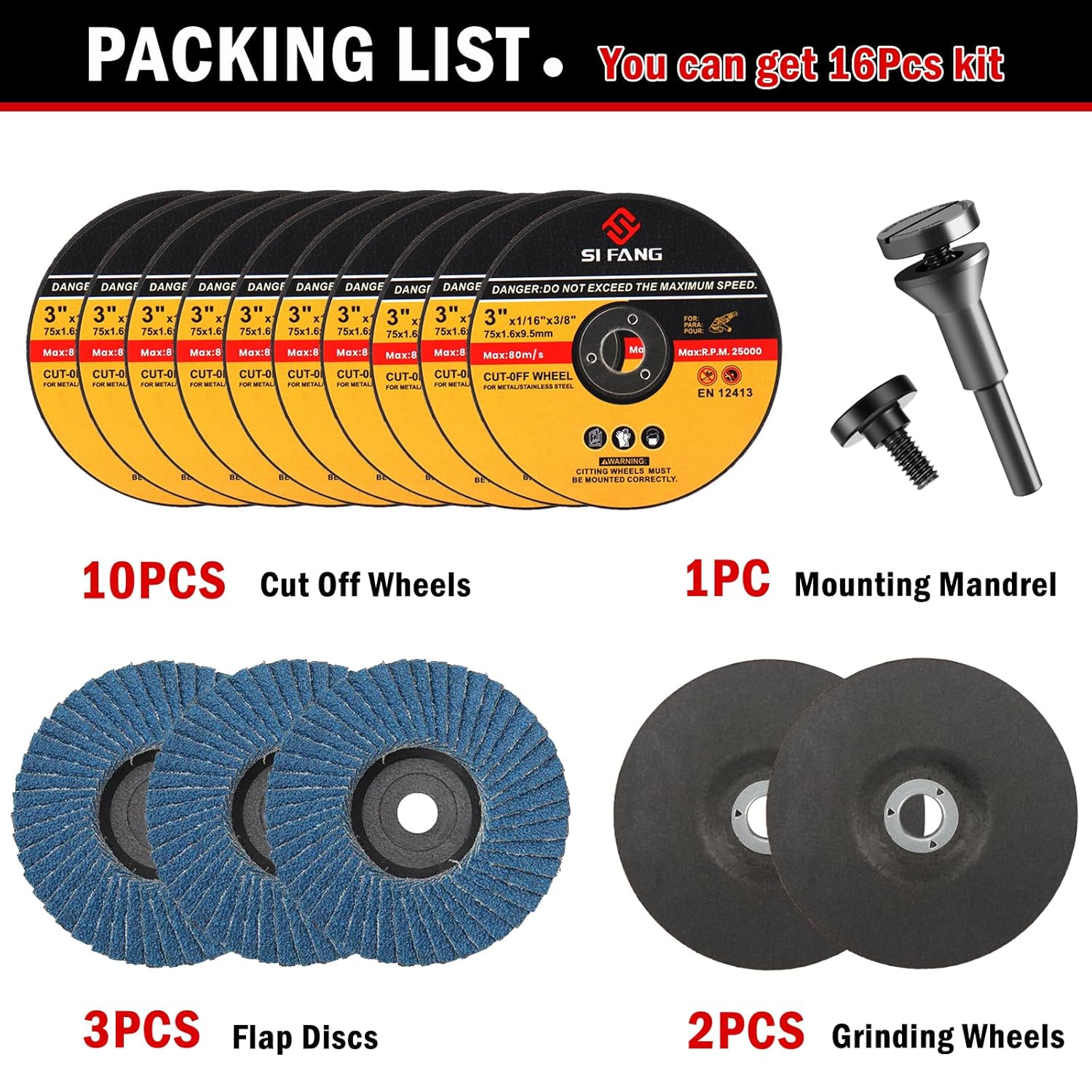 BRAND, CATEGORY, FLAP DISCS, SI FANG, SI FANG 16Pcs 3 inch Cut-Off Wheel Grinding Wheel Flap Discs Kit with 3/8" Arbor 1/4" Stem Mounting Mandrel Die Grinder Accessories Drill Attachment, Metal Stainless Steel Wood Cutting and Grinding