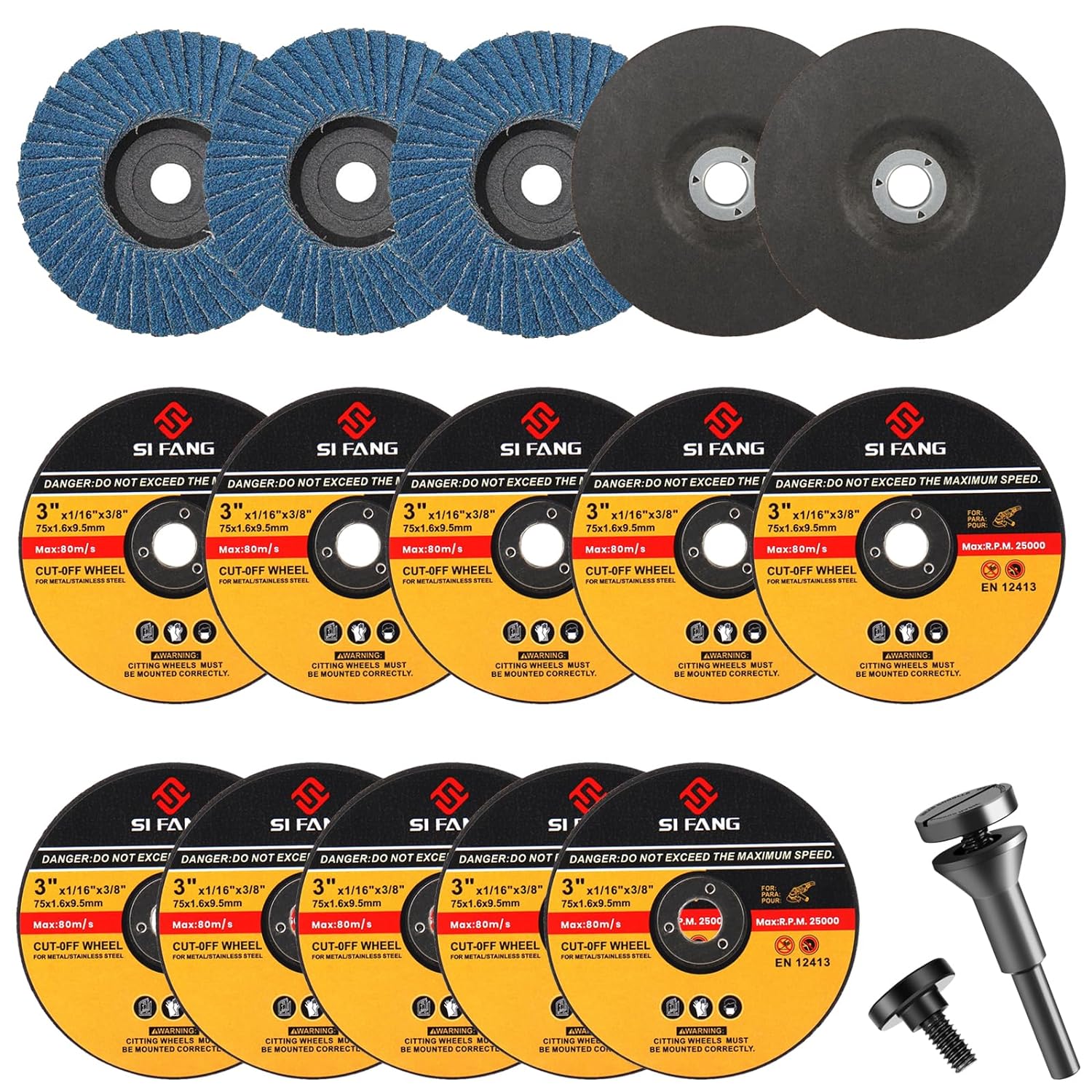 BRAND, CATEGORY, FLAP DISCS, SI FANG, SI FANG 16Pcs 3 inch Cut-Off Wheel Grinding Wheel Flap Discs Kit with 3/8" Arbor 1/4" Stem Mounting Mandrel Die Grinder Accessories Drill Attachment, Metal Stainless Steel Wood Cutting and Grinding