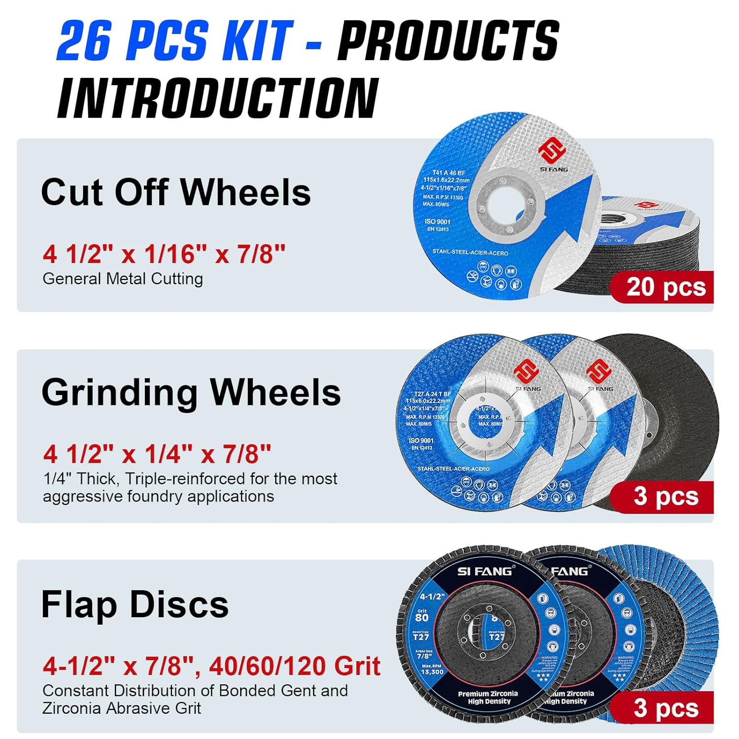 BRAND, CATEGORY, CUT-OFF WHEELS, SI FANG, SI FANG 26 Pcs Cut Off Wheel & Grinding Wheel Flap Disc 4 1/2 inch x 7/8 inch Arbor, General Purpose Metal & Wood Cutting Grinding Sanding Discs Kit for Angle Grinder