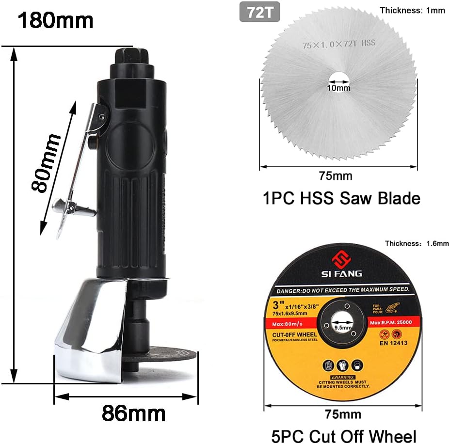 BRAND, CATEGORY, CIRCULAR SAW BLADES, SI FANG, SI FANG 3 Inch Air Cut Off Tool with 5Pcs Die Grinder Cut Off Wheels and 1Pcs HSS Circular Saw Blade, Pneumatic Cutting Machine Metal Sheet Cutter Tool Kit, 20000RPM