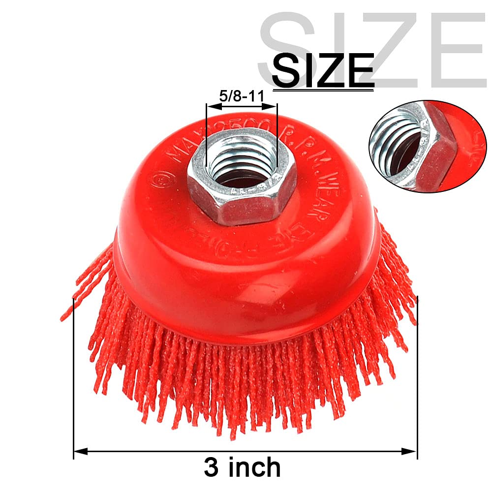 BRAND, CATEGORY, CUP BRUSHES, SI FANG, SI FANG 3 inch Filament Nylon Bristle Cup Brush, 5/8"-11 Thread Sanding Surface Prepping Abrasive Wire Cup Wheel, for Metal Removal Rust Corrosion Paint, Furniture Polishing, Grinding (Red 80 Grit)