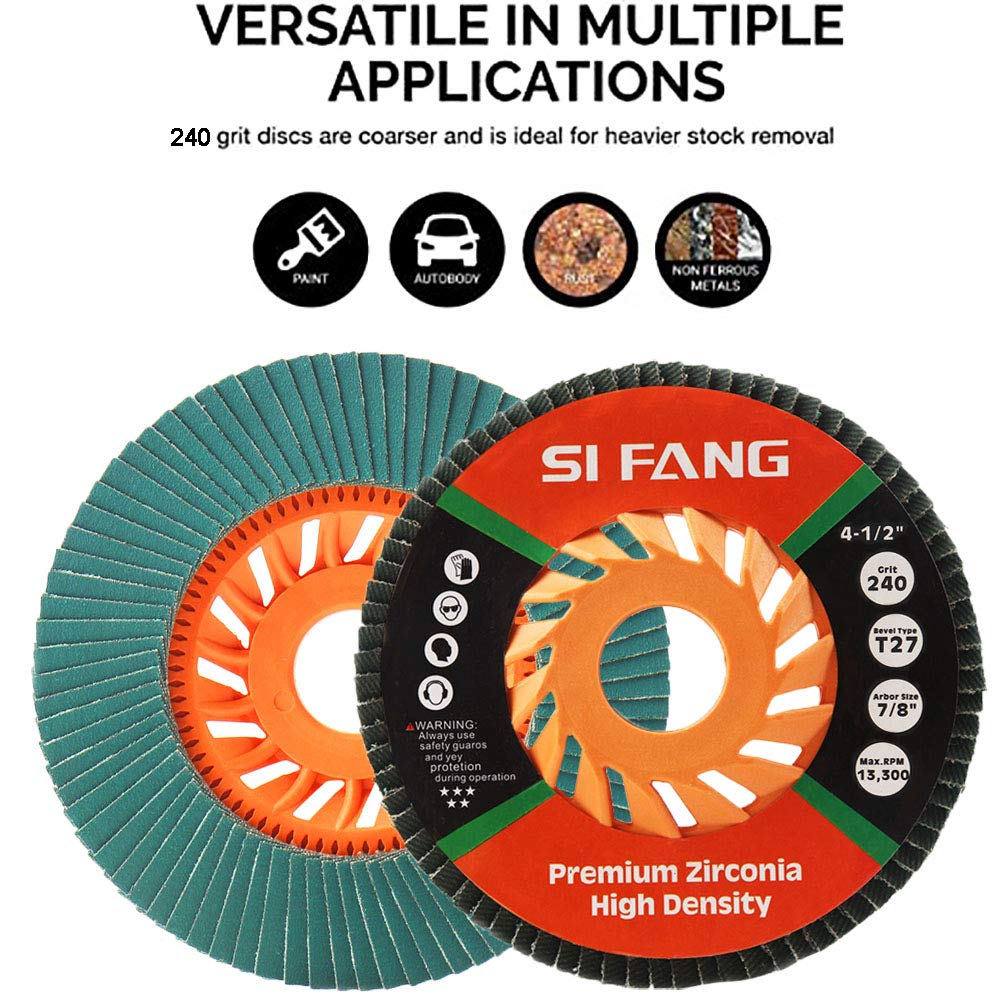 BRAND, CATEGORY, FLAP DISCS, SI FANG, SI FANG Zirconia Flap Disc 120 Grit 10 Pack, 4.5 Inch x 7/8-Inch Cooling Fan Cover Bevel Type #27 Grinding Wheel 13,300RPM Green Ceramic Zirconia High Performance Edge Grinding