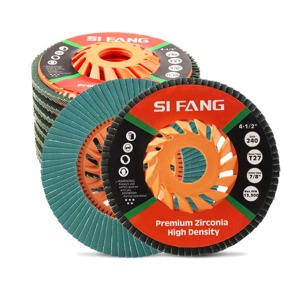 BRAND, CATEGORY, FLAP DISCS, SI FANG, SI FANG Zirconia Flap Disc 120 Grit 10 Pack, 4.5 Inch x 7/8-Inch Cooling Fan Cover Bevel Type #27 Grinding Wheel 13,300RPM Green Ceramic Zirconia High Performance Edge Grinding