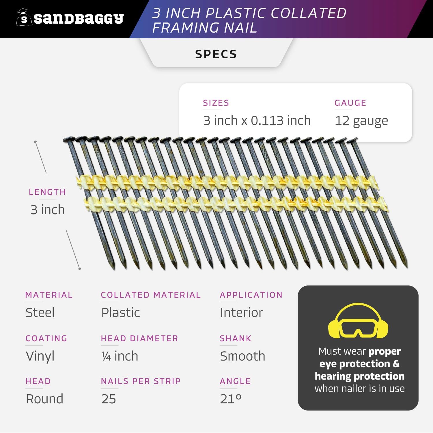 BRAND, CATEGORY, FRAMING NAILS, SANDBAGGY, Sandbaggy 21 Degree Framing Nails (3 inch x 0.113 inch) - Plastic Strip Collated Nails - 1/4" Round Head, Smooth Shank, Vinyl Coated - 12 Gauge (1000)