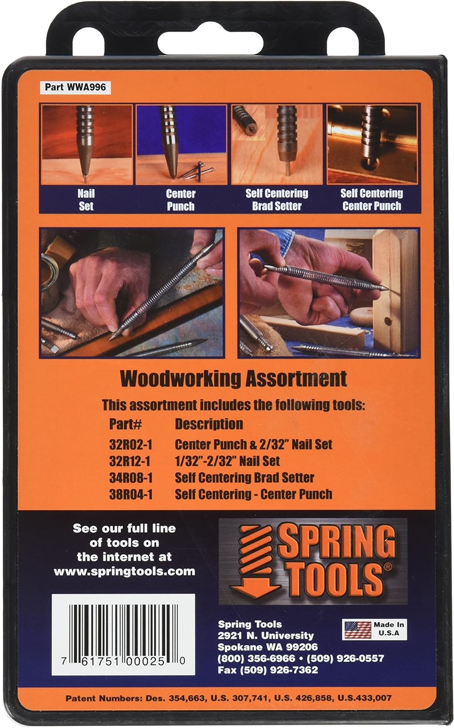 BRAND, CATEGORY, CENTER PUNCHES, SPRING TOOLS, SpringTools WWA996 4 Piece Woodworking Set with Center Punch, Nail Set, Combo Nail Set, Self Centering Brad Setter, Self Centering Center Punch