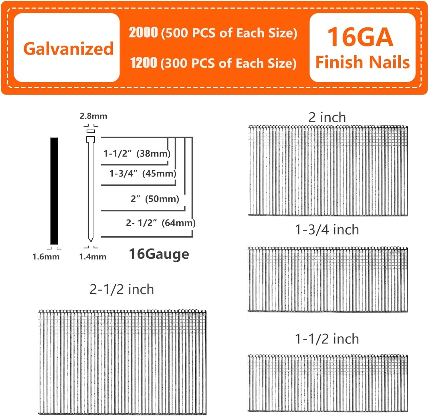 BRAND, CATEGORY, FINISH NAILS, SITLDY, Straight Finish Nails, 16 Gauge, 1200-Pack (1-1/2", 1-3/4", 2", 2-1/2", 300 Per Size), Galvanized, Assorted Size Project Pack