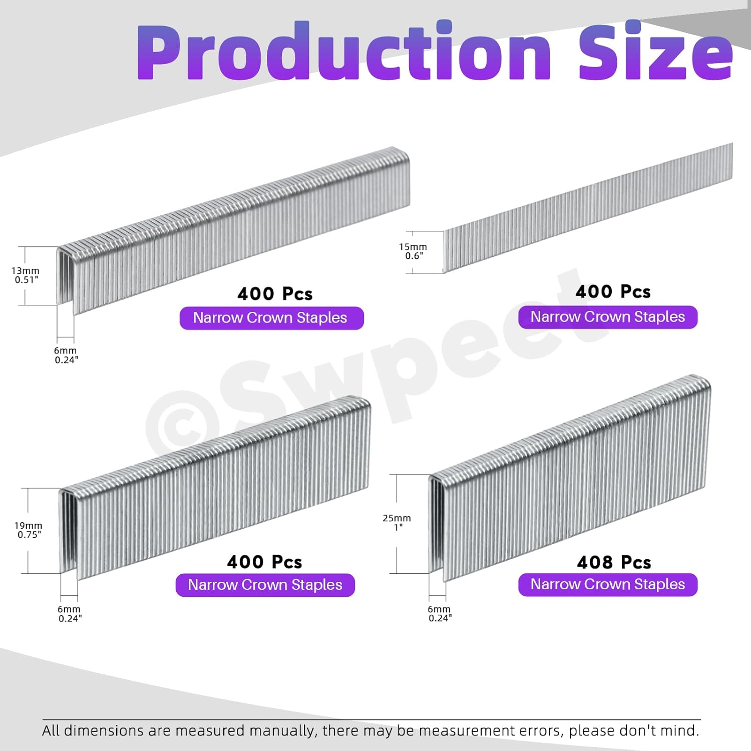 BRAD NAILS, BRAND, CATEGORY, SWPEET, Swpeet 1609 Counts 4 Sizes K413 K419 K425 F15 18 Gauge Steel Approx 1/4" ×1/2"/3/4"/1" Silver Narrow Crown Staples and Brad Nails (5/8"), Galvanized Finish for Pneumatic, Electric Stapler/Brad Nailer