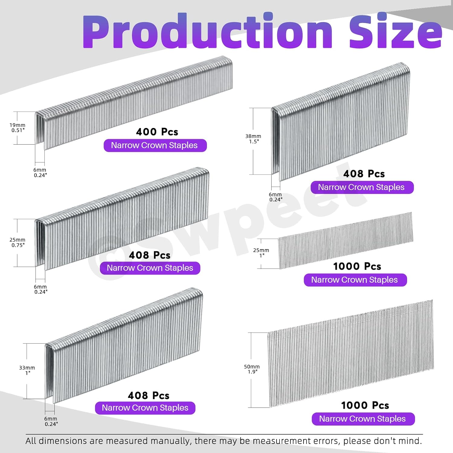 BRAD NAILS, BRAND, CATEGORY, SWPEET, Swpeet 3625 Counts 6 Sizes K419 K425 K433 K438 F25 F50 18 Gauge Galvanized Steel Silver Narrow Crown Staples Approx 1/4"×3/4"/1"/1-1/4"/1-1/2", Brad Nails1" 2" for Electric Stapler/Brad Nailer