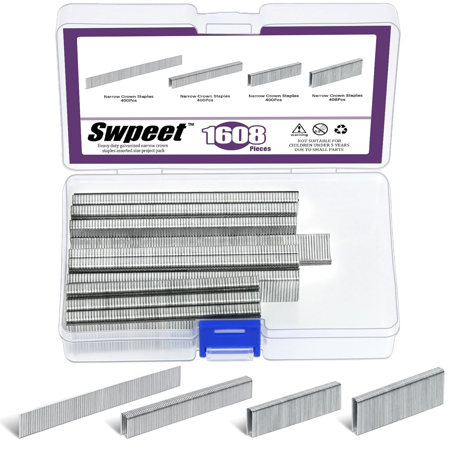 BRAD NAILS, BRAND, CATEGORY, SWPEET, Swpeet 1609 Counts 4 Sizes K413 K419 K425 F15 18 Gauge Steel Approx 1/4" ×1/2"/3/4"/1" Silver Narrow Crown Staples and Brad Nails (5/8"), Galvanized Finish for Pneumatic, Electric Stapler/Brad Nailer