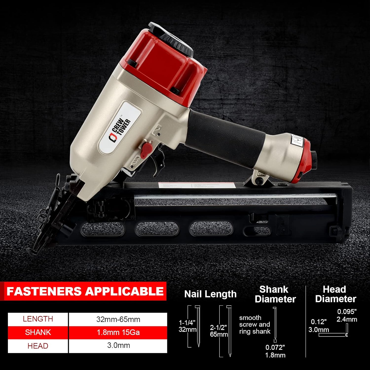 BRAND, CATEGORY, CREWTOWER, FINISH NAILERS, T64 16 Gauge, 1" to 2-1/2" Straight Finish Nailer Pneumatic Finishing Nail Gun for Molding, Baseboard, Trim and Finishing, Air-powered