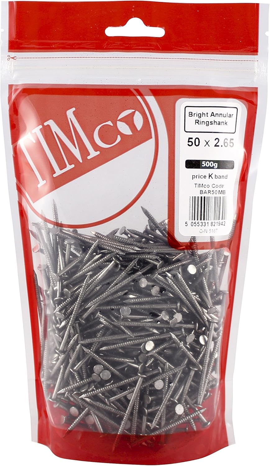 BRAD NAILS, BRAND, CATEGORY, TIMCO, TIMCO BAR65MB Nails-65 x 3.35-0.5kg Bag Annular Ring Shank Nails-Bright 0.5kg, 65 x 3.35, Silver