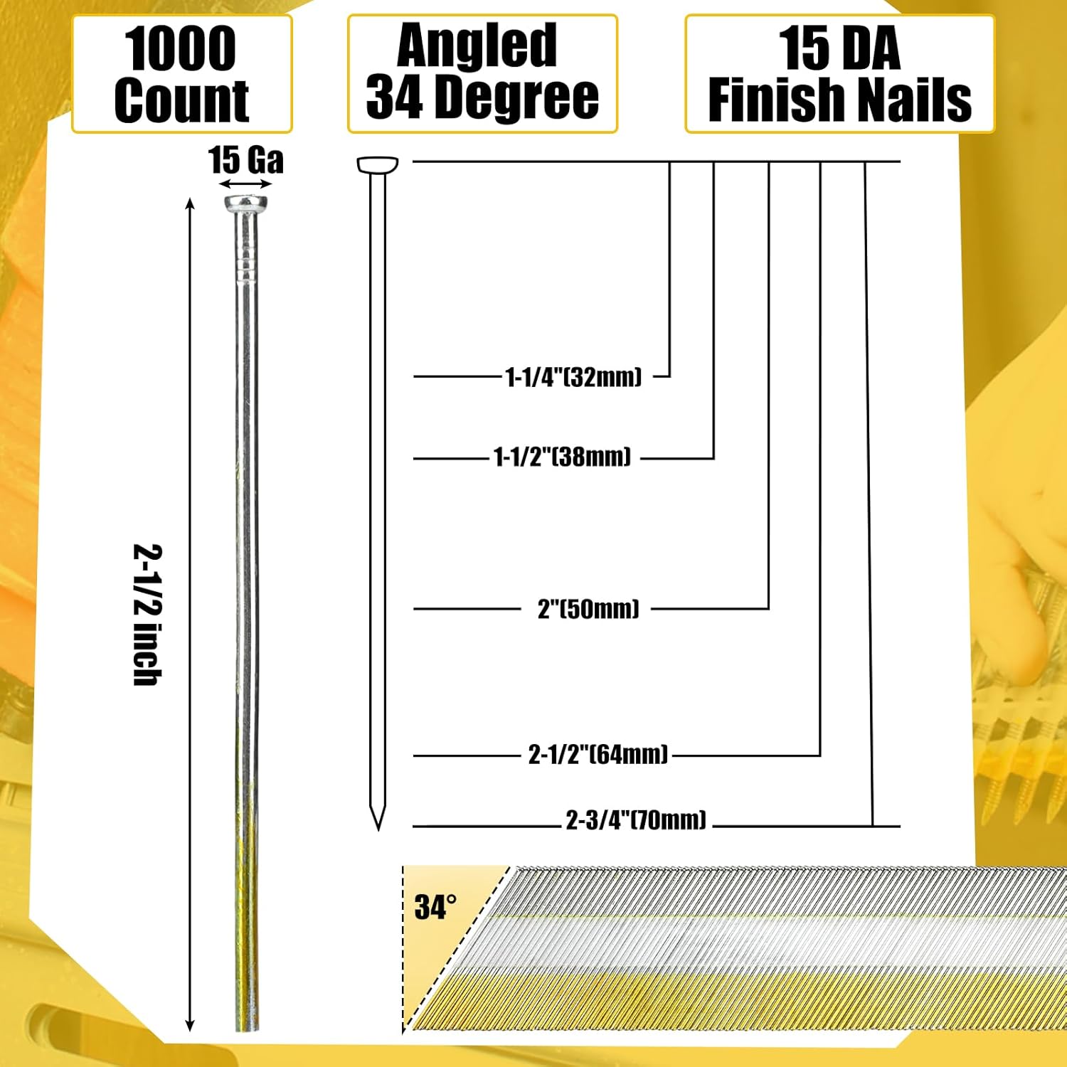 BRAND, CATEGORY, FINISH NAILS, THERWEN, Therwen 3000 Count 15 Gauge Finish Nails, 34 Degree Galvanized Angled Finish Nailer for Pneumatic, Electric Angled Finishing Nails(2-1/2")