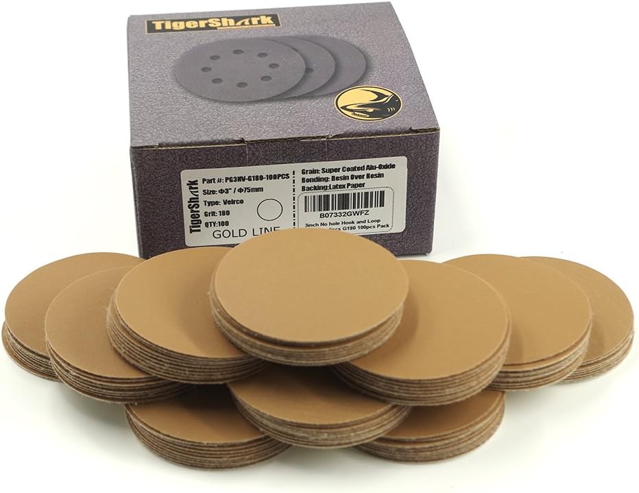 BRAND, CATEGORY, HOOK & LOOP DISCS, TIGERSHARK, TigerShark 3 Inch Sanding Discs No Hole Grit 180 100pcs Pack Special Anti Clog Coating Paper Gold Line Hook and Loop Dual Action Air Random Orbital Sander Paper Very Fine