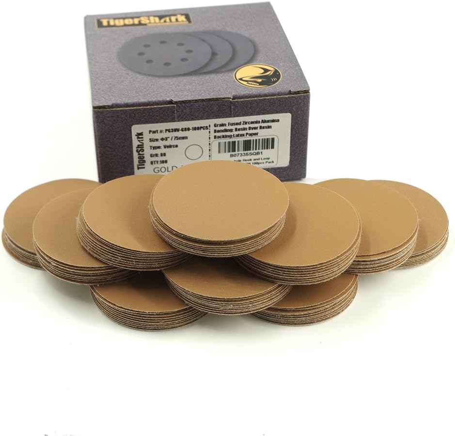 BRAND, CATEGORY, HOOK & LOOP DISCS, TIGERSHARK, TigerShark 3 Inch Sanding Discs No Hole Grit 180 100pcs Pack Special Anti Clog Coating Paper Gold Line Hook and Loop Dual Action Air Random Orbital Sander Paper Very Fine