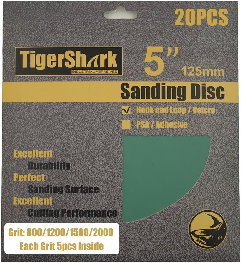 BRAND, CATEGORY, HOOK & LOOP DISCS, TIGERSHARK, TigerShark 5inch No Hole Film Sanding discs Hook and Loop Wet & Dry Grit 800/1200/1500/2000 5 Pcs Each Assortment