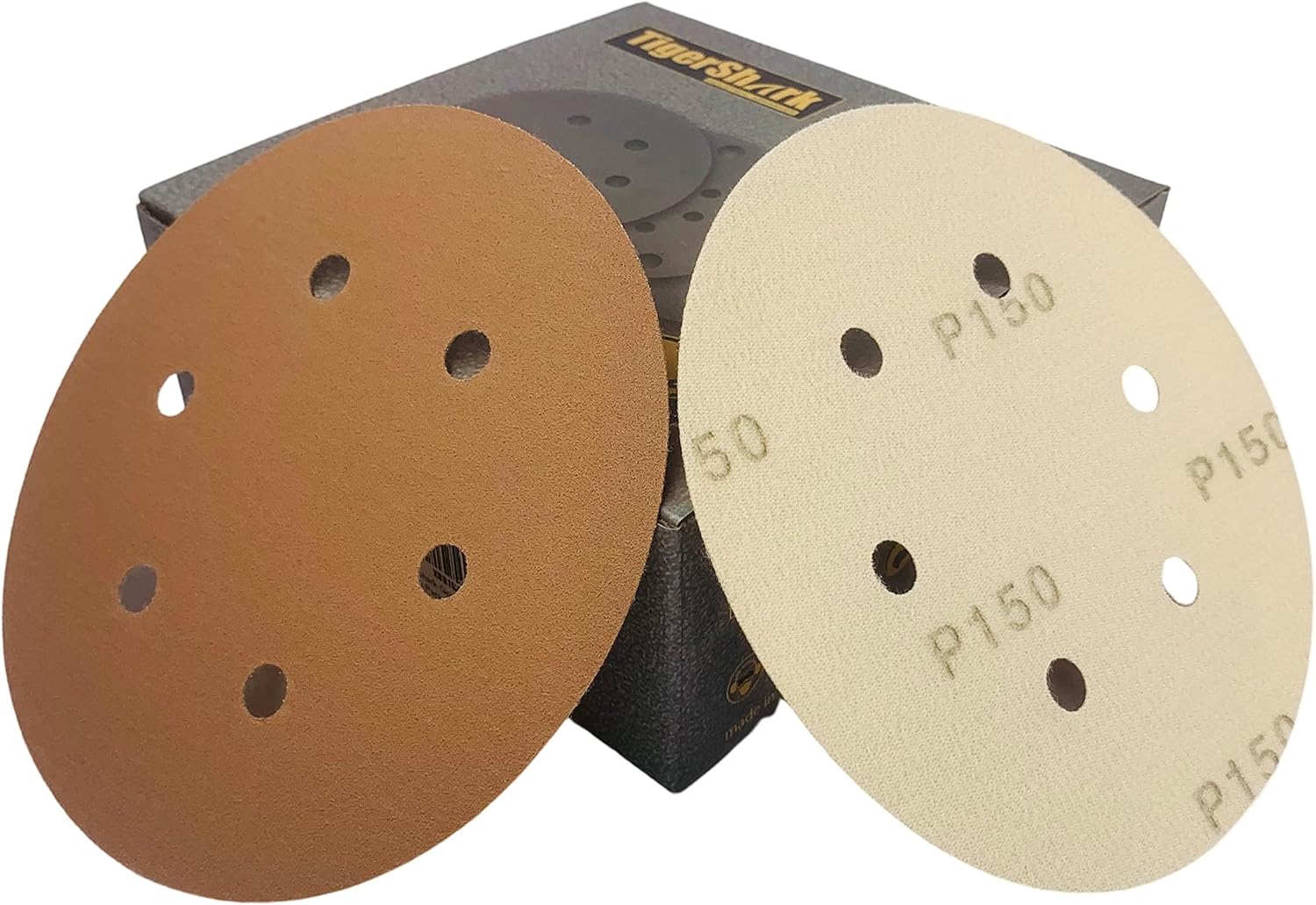 BRAND, CATEGORY, HOOK & LOOP DISCS, TIGERSHARK, TigerShark 6 Inch 6 Hole Sanding Discs Grit 80 50pcs Pack Special Anti Clog Coating Paper Gold Line Hook and Loop Dustless Random Orbital Sander Paper Coarse