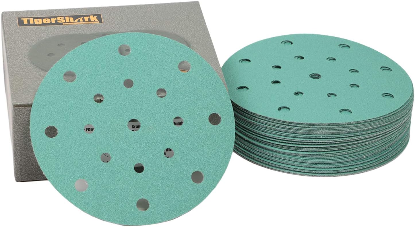 BRAND, CATEGORY, HOOK & LOOP DISCS, TIGERSHARK, TigerShark 6 Inch Sanding Discs 17 Hole Wet Dry Grit 800 20pcs Pack Special Anti Clog Coating Film Green Line Hook and Loop Dustless Random Orbital Sander Paper Extra Fine