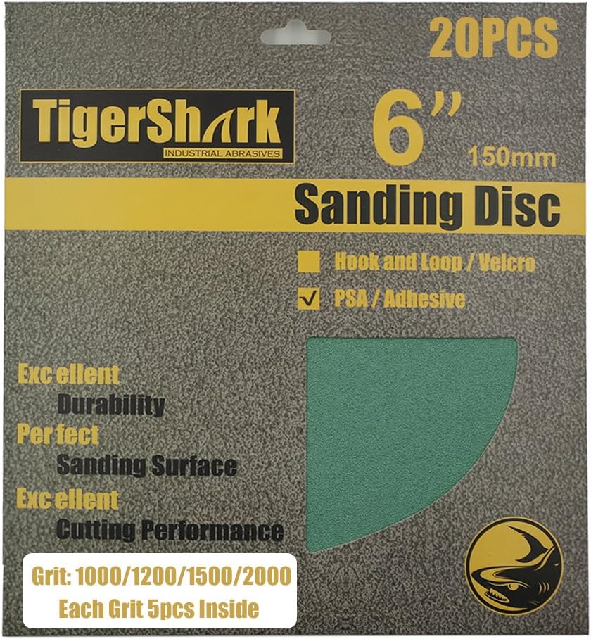 ACCESSORIES, BRAND, CATEGORY, TIGERSHARK, TigerShark 6inch No Hole 20pcs Film Sanding discs Adhesive back(PSA) Wet & Dry Grit 1000/1200/1500/2000 5 Pcs Each Assortment