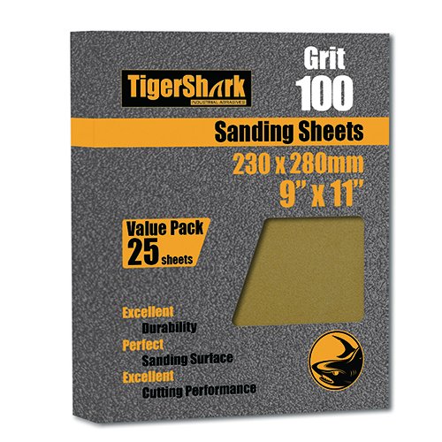 BRAND, CATEGORY, SANDING SHEETS, TIGERSHARK, TigerShark 9 inch by 11 inch Sanding Sheets Grit 100 25pcs Pack Paper Gold Line Special Anti Clog Coating