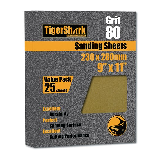 BRAND, CATEGORY, SANDING SHEETS, TIGERSHARK, TigerShark 9 inch by 11 inch Sanding Sheets Grit 100 25pcs Pack Paper Gold Line Special Anti Clog Coating