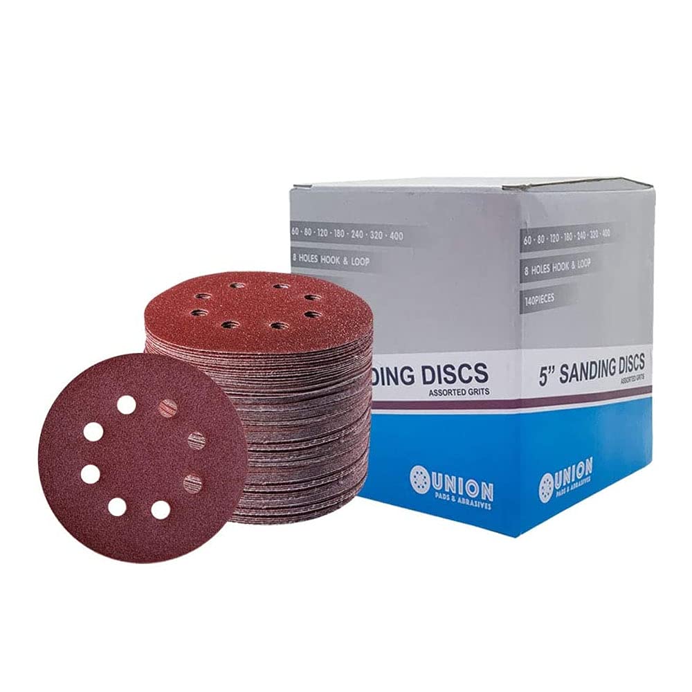 BRAND, CATEGORY, HOOK & LOOP DISCS, UNION PADS & ABRASIVES, Union Pads & Abrasives SD140 140 PCS 5 Inch 8 Hole Hook and Loop Adhesive Sanding Discs Sandpaper for Random Orbital Sander 60/80/120/180/240/320/400 Assorted Grits Box of 140 Sandpaper Discs