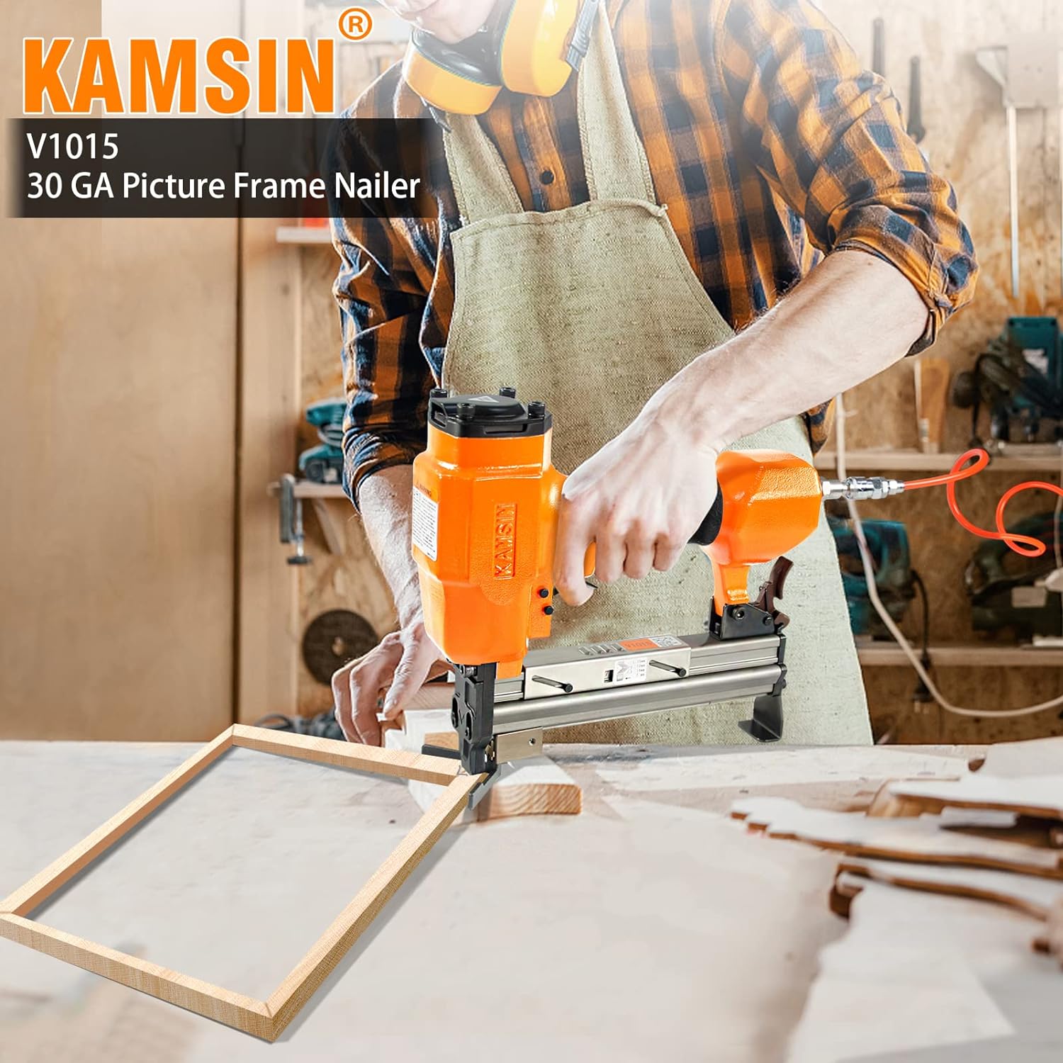 BRAND, CATEGORY, FRAMING NAILERS, KAMSIN, #V1015 30 Gauge Pneumatic Picture Frame Nailer, 13/32”(10.3mm) Crown V Nailer, 5/16'' to 19/32'' (7-15mm) Leg Length V-nails Tacker V Nails Gun For Picture Frames