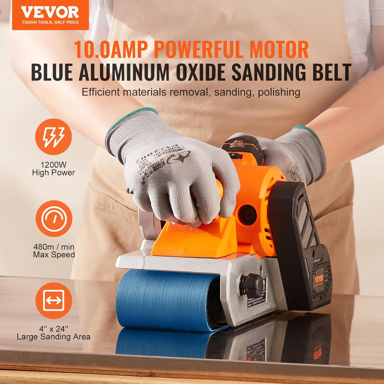 BELT SANDERS, BRAND, CATEGORY, VEVOR, VEVOR 10AMP Belt Sander, 4" x 24" Belt Sanders for Woodworking with 6 Speeds 274-480 m/min, Powerful Sander Machine with 2 in 1 Vacuum Adapter, 2 Dust Bags, 2 Sanding Belts