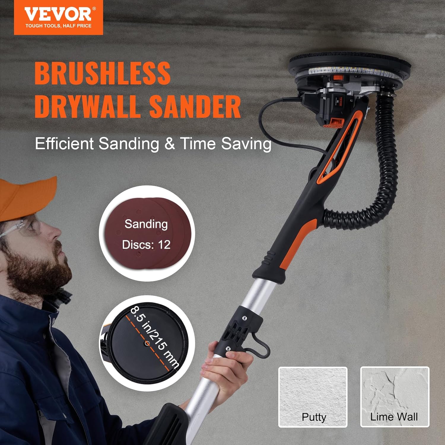 BRAND, CATEGORY, DISC SANDERS, VEVOR, VEVOR Drywall Sander, 900W Electric Sander with 12 Sanding Discs, Variable Speed 800-1800 RPM Wall Sander with 3 Suction Ducts, Foldable Ceiling Sander & 2 LED Lights, Extendable Handle, Dust Bag