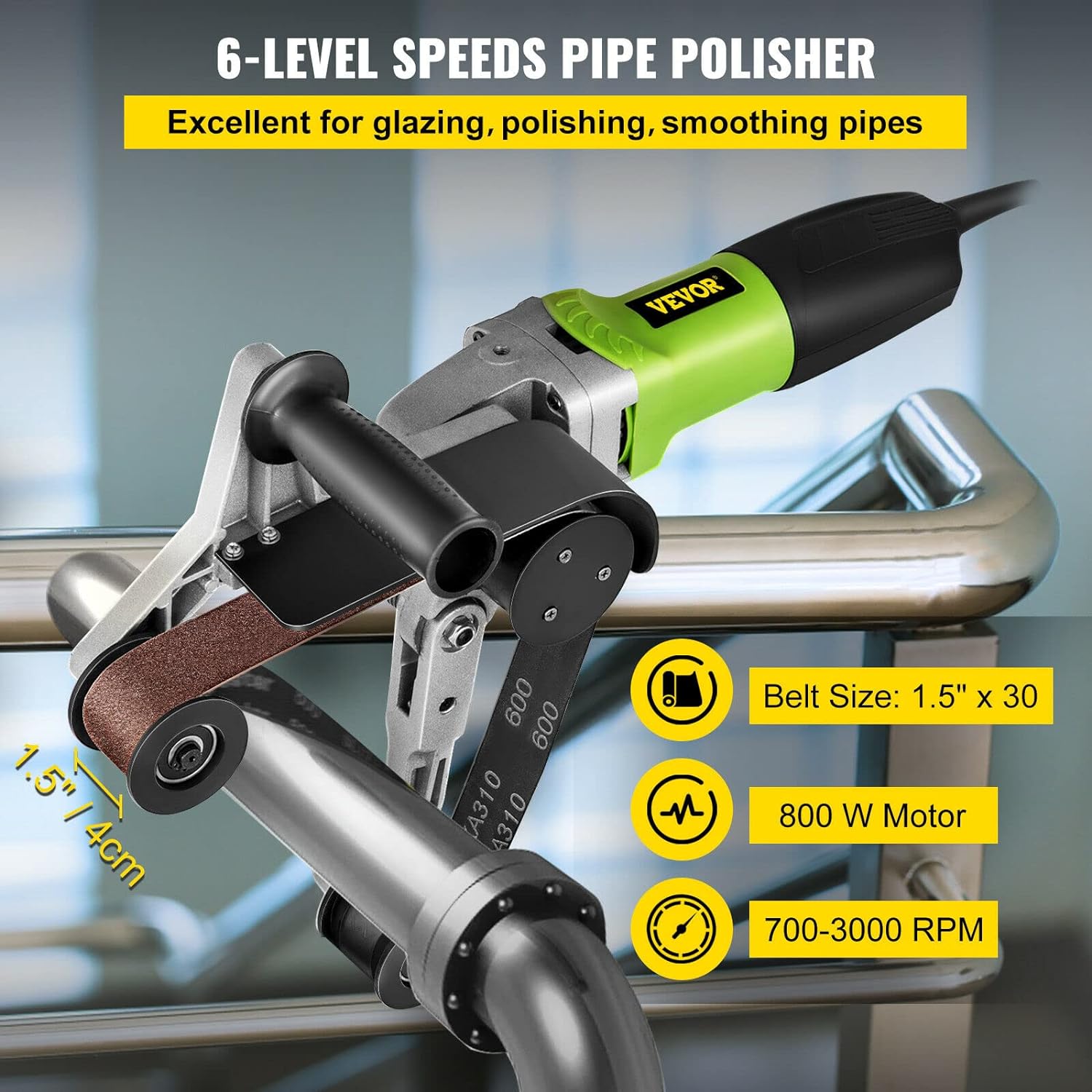 BELT SANDERS, BRAND, CATEGORY, VEVOR, VEVOR Pipe Tube Polisher Sander 7"/180 mm Max Pipe Diameter,Sander Polisher Grinder 110V 800W,Professional Belt Sander Grinding Machine 6 Speeds Adjustable,for Burnishing Finishing Stainless Steel