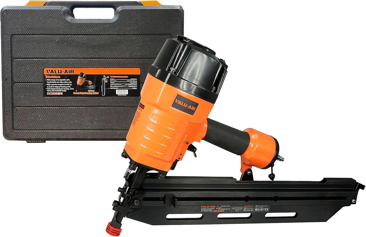 BRAND, CATEGORY, FRAMING NAILERS, VALU-AIR, Valu-Air 9021C 21 Degree 3-1/2" Full Round Head Framing Nailer with Carrying Case and Interchangeable Trigger, Tool-Free Depth Adjust, and No Mar Tip