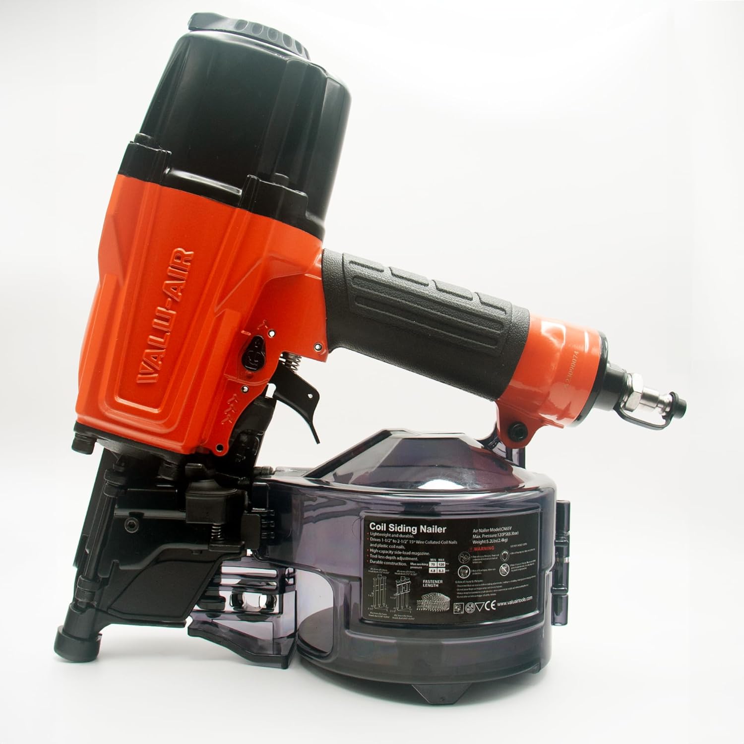 BRAND, CATEGORY, SIDING NAILERS, VALU-AIR, Valu-Air CN65V 15-Degree Pneumatic Coil Siding Fencing Nailer - 1-1/2-inch to 2-1/2-Inch for Siding, Fiber Cement, Fencing, Cedar Shake and Soffit Applications