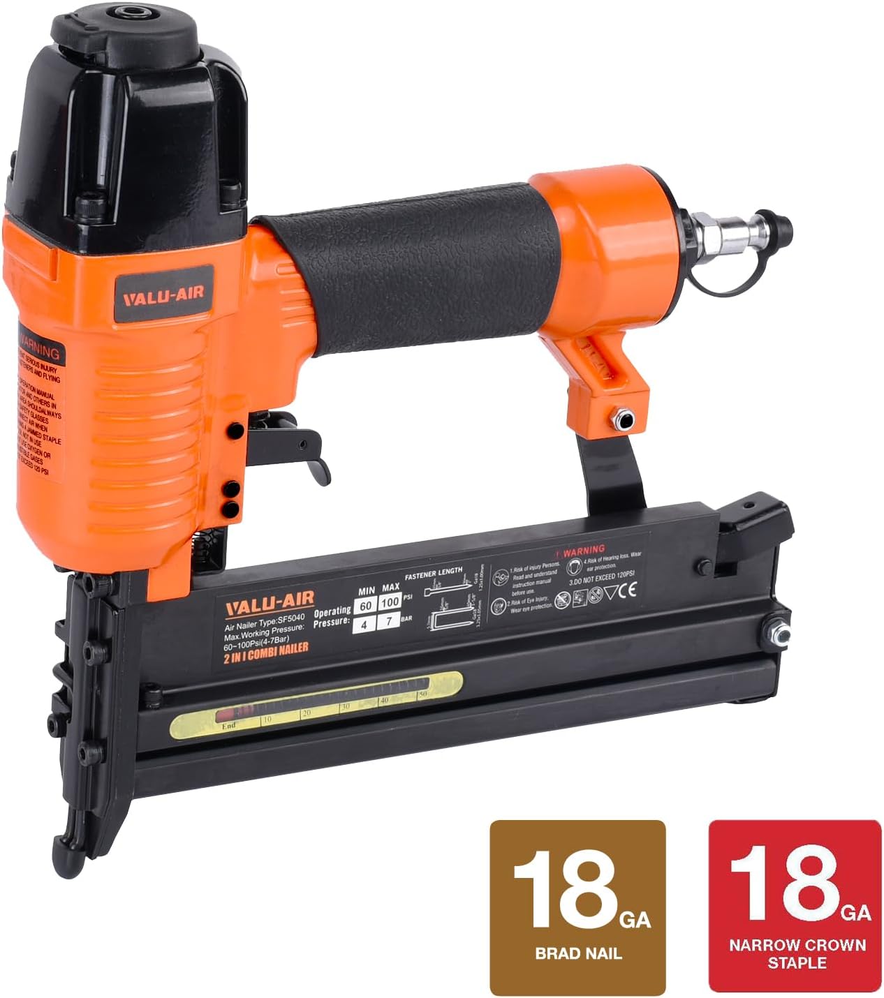 BRAD NAILERS, BRAND, CATEGORY, VALU-AIR, Valu-Air SF5040 2" 18 Gauge 2 in 1 Pneumatic Brad Nailer with 1,200 Count Multi Size Nails 5/8",1",1-1/4",1-1/2",1-3/4",2", 200-Count each siz