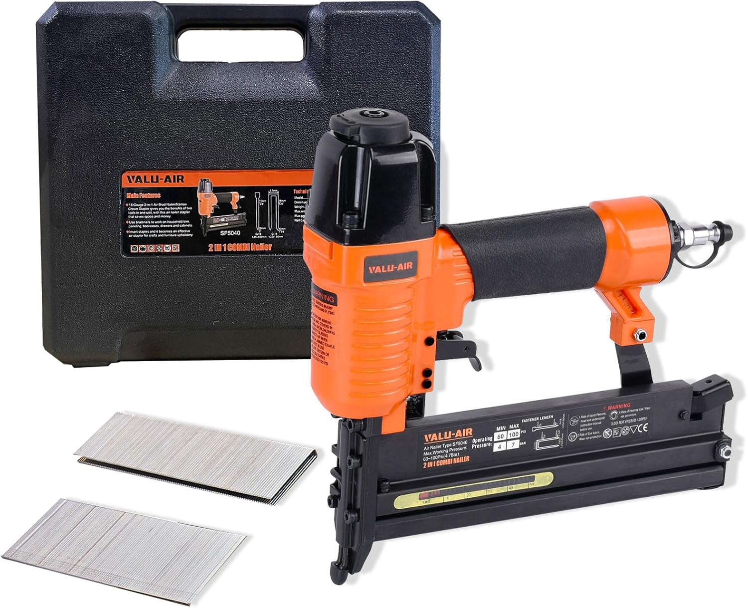 BRAD NAILERS, BRAND, CATEGORY, VALU-AIR, Valu-Air SF5040 2" 18 Gauge 2 in 1 Pneumatic Brad Nailer and Stapler with Carrying Case