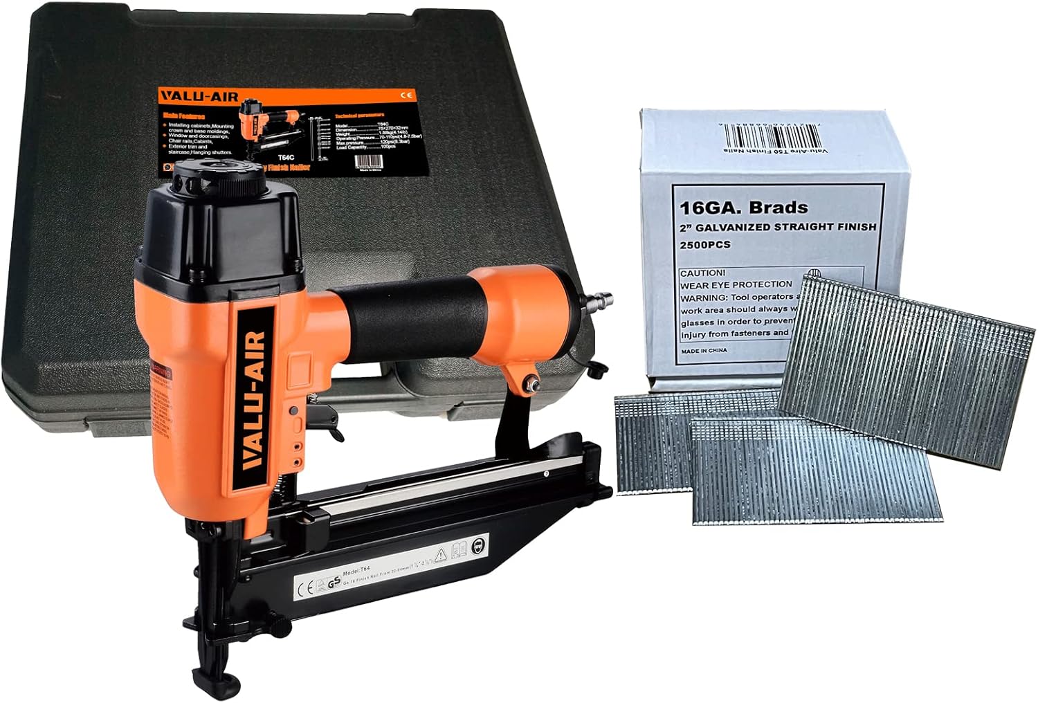 BRAND, CATEGORY, FINISH NAILERS, VALU-AIR, Valu-Air T64C 16 Gauge 7/8-Inch to 2-1/2-Inch Finish Nailer with Carrying Case + 2,500pc 2-Inch Finish Nails