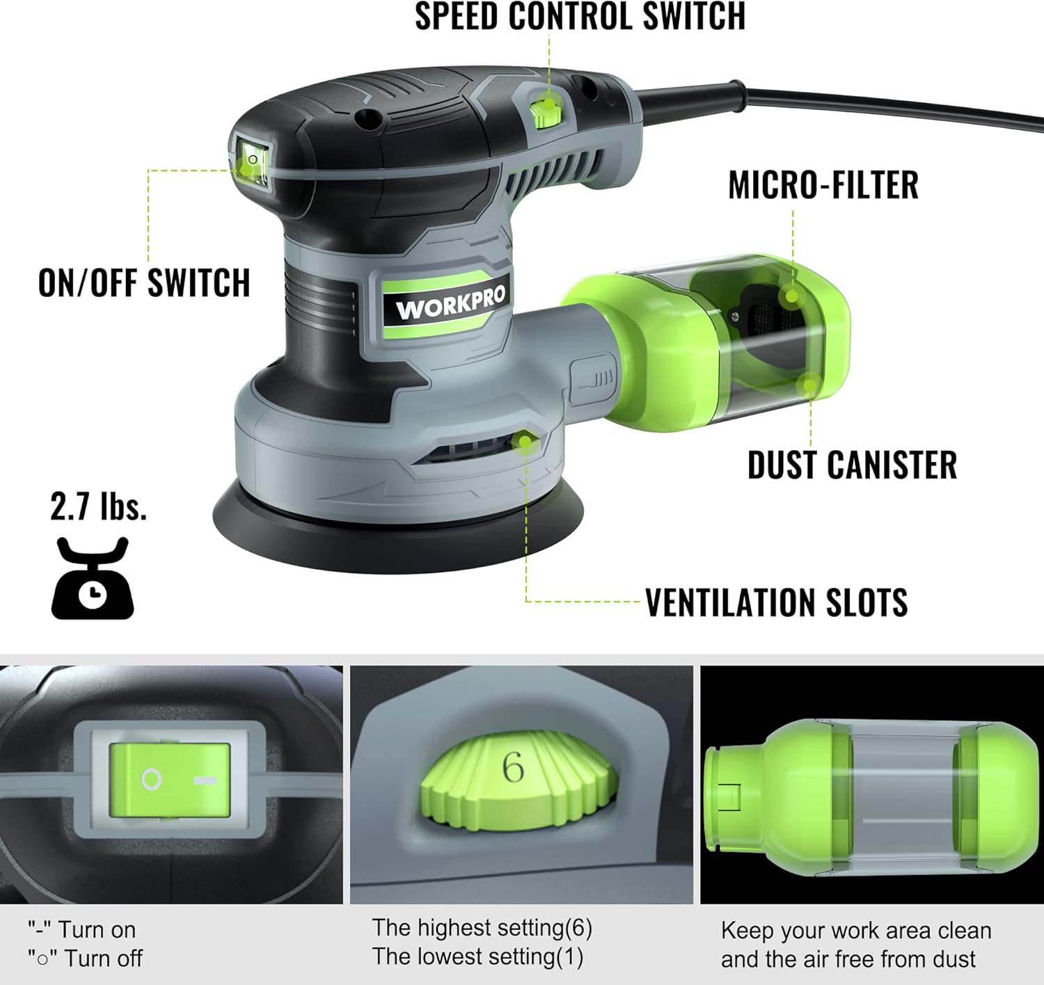 BRAND, CATEGORY, RANDOM-ORBIT SANDERS, WORKPRO, WORKPRO 5-Inch Random Orbit Sander, 6 Variable Speeds 7000 to 14000 RPM, 2.5 Amp Electric Sander for Woodworking with Dust Collector, 15pcs Sandpapers