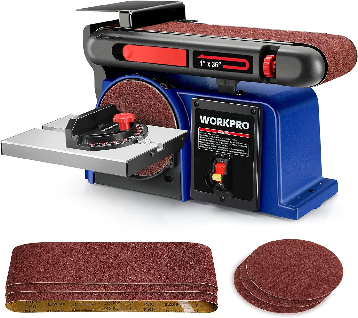 BRAND, CATEGORY, COMBINATION DISC & BELT SANDERS, WORKPRO, WORKPRO Belt Disc Sander, 4 in. x 36 in. Belt & 6 in. Disc Sander with 6pcs Sandpapers, Cast Iron Base for Sanding Woodworking, DIY Decoration