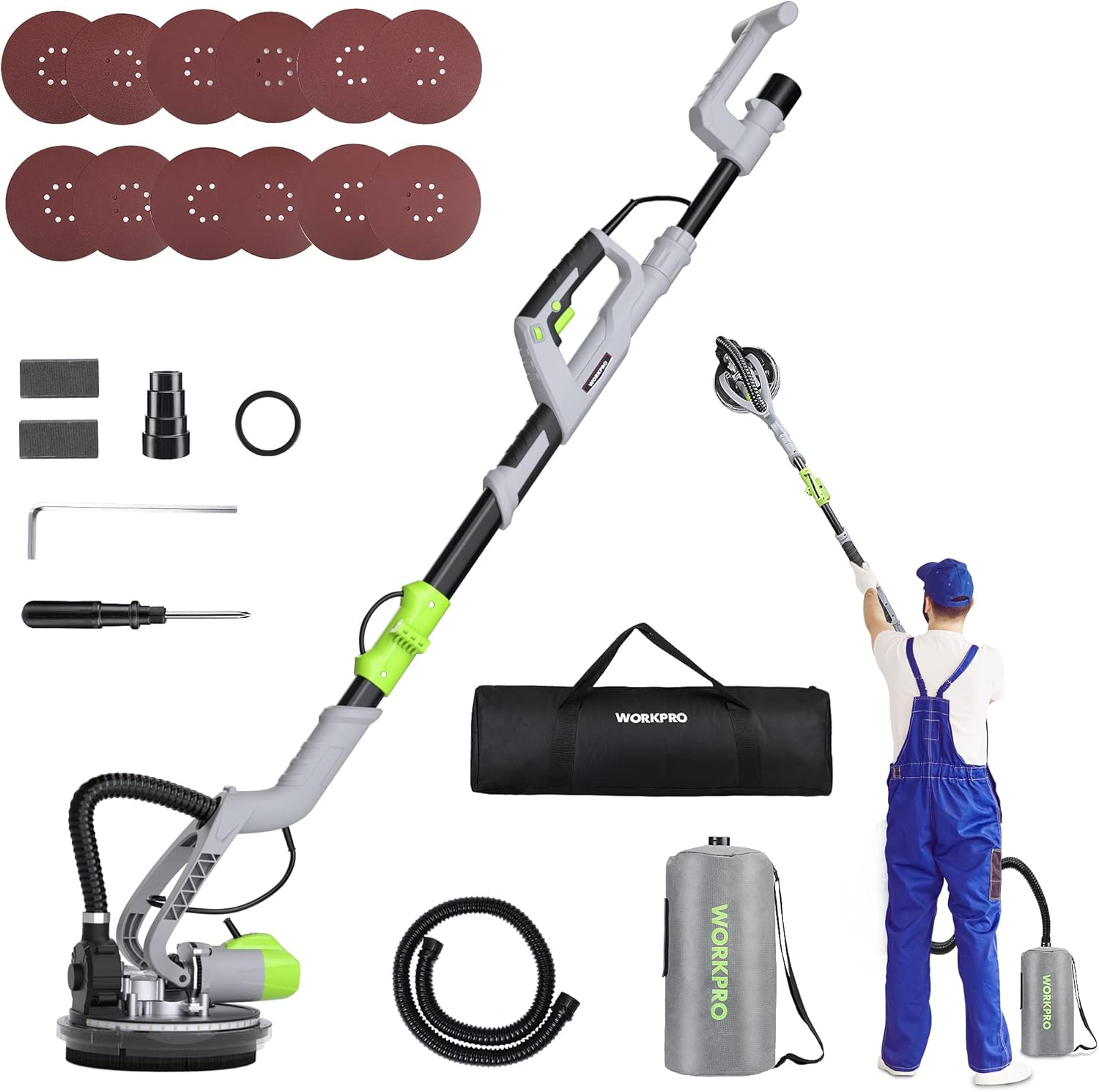 BRAND, CATEGORY, DISC SANDERS, WORKPRO, WORKPRO Drywall Sander, 720W Electric Sander with 12Pcs Sanding Discs, 7 Variable Speed 1100-1850 RPM Wall Sander with Extendable Handle, LED Light, Floor and Popcorn Ceiling Removal Tool