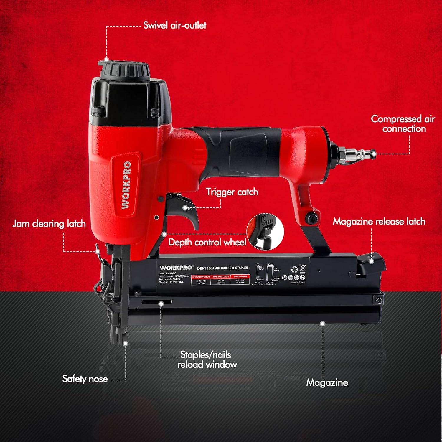 BRAD NAILERS, BRAND, CATEGORY, WORKPRO, WORKPRO Pneumatic Brad Nailer, 18 GA, 2 in 1 Nail Gun and Crown Stapler, with 400pcs Nails/ 300pcs Staples, for Carpentry, DIY Project, Woodworking