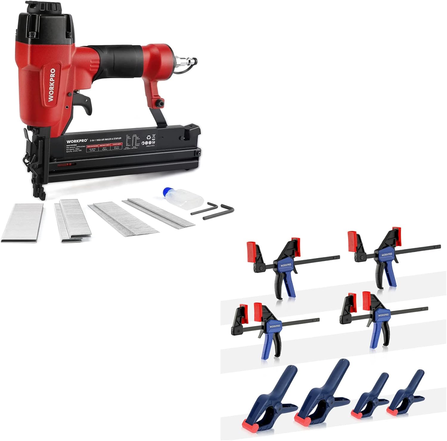 BRAD NAILERS, BRAND, CATEGORY, WORKPRO, WORKPRO Pneumatic Brad Nailer+WORKPRO 8-Piece Clamp Set for Woodworking