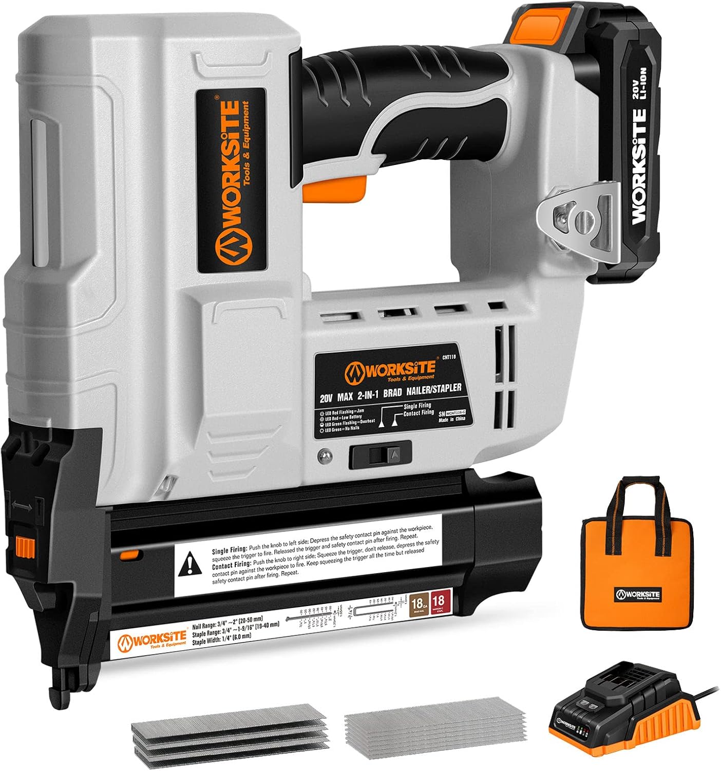 BRAD NAILERS, BRAND, CATEGORY, WORKSITE, WORKSITE Cordless Brad Nailer, 18 Gauge 2 in 1 Cordless Nail Gun/Staple Gun with 2.0A Battery, Fast Charger, LED light for Upholstery, Carpentry and Woodworking Projects