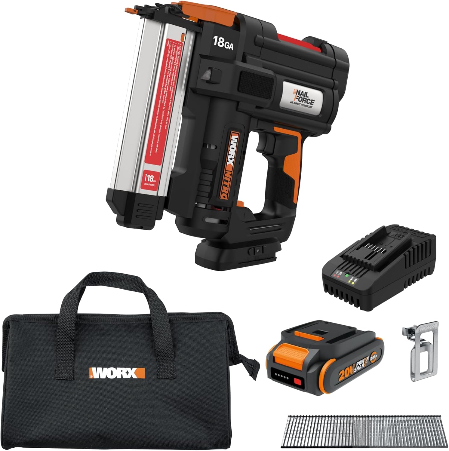 BRAD NAILERS, BRAND, CATEGORY, WORX, WORX, WORX Nitro 20V 18GA Cordless Brad Nailer, Cordless Nail Gun, Nail Gun Battery Powered, Up to 2 Inch, Tool-Free Jam Release, Trimming & Molding, Baseboard WX842L PowerShare – Battery, Charger Included