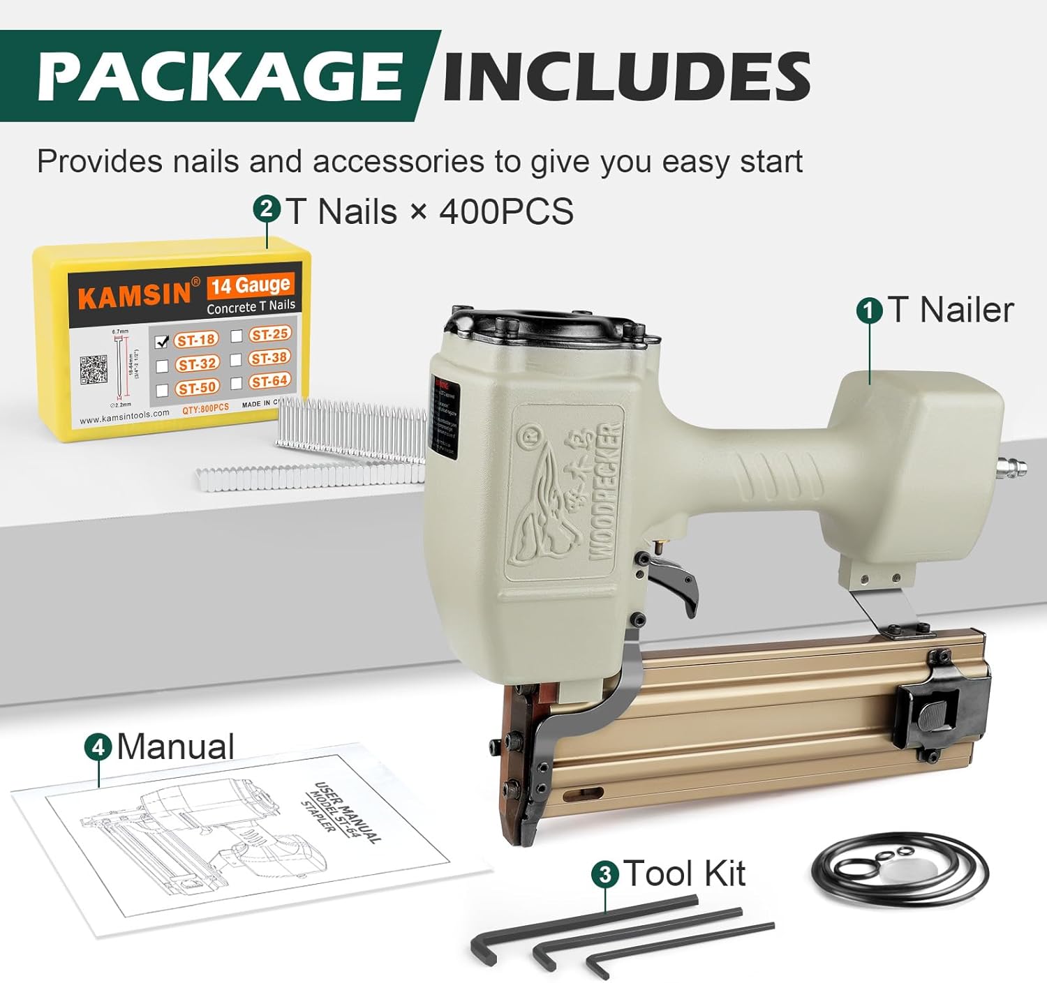 BRAD NAILERS, BRAND, CATEGORY, SINCE, Woodpecker ST64 14 Gauge 3/4" to 2-1/2" Pneumatic Concrete T Nailer Gun with 400pcs Concrete T Nails, Air Power Heavy Duty Concrete Nail Gun Brad Nailer Finish Nailer for Woodworking