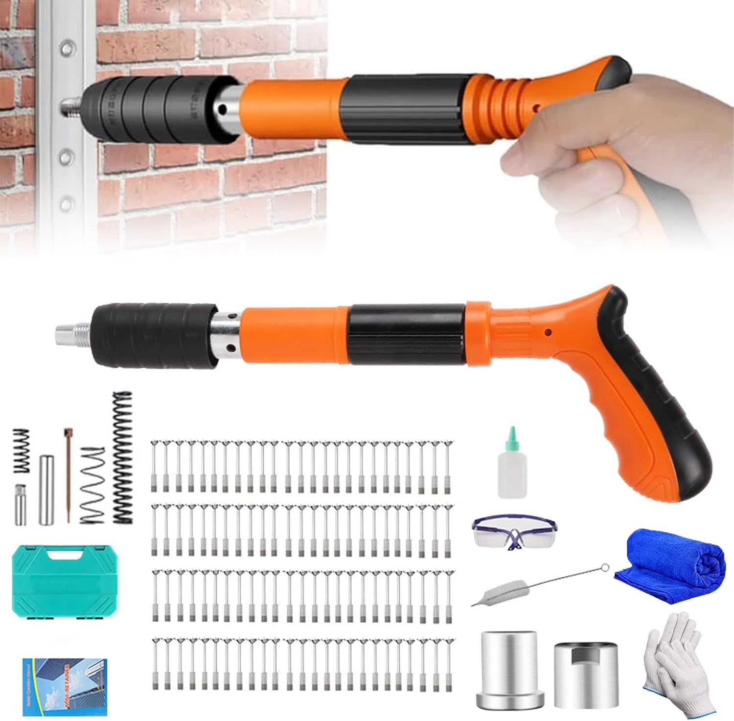 BRAND, CATEGORY, GENERIC, GUNS, Woodworking and Decoration Integrated Air Nailer, Concrete Nail Gun Kit with 100PCS Nails, Adjustable Manual Steel Nail Gun, Manual Wall Fastening Tool (Orange+50 nails)