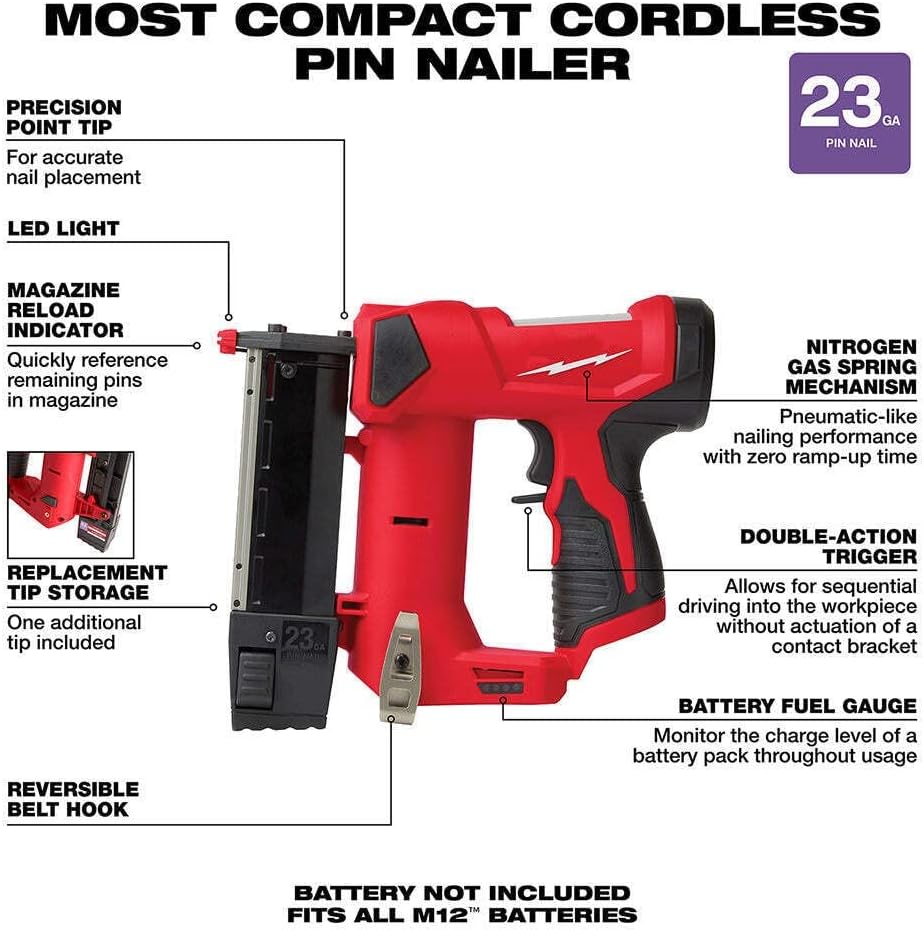 BRAND, CATEGORY, FINISH NAILERS, MGIAONSG, for Milwaukee 2540-20 M12 12V 23 Gauge Compact Cordless Pin Nailer - Bare Tool