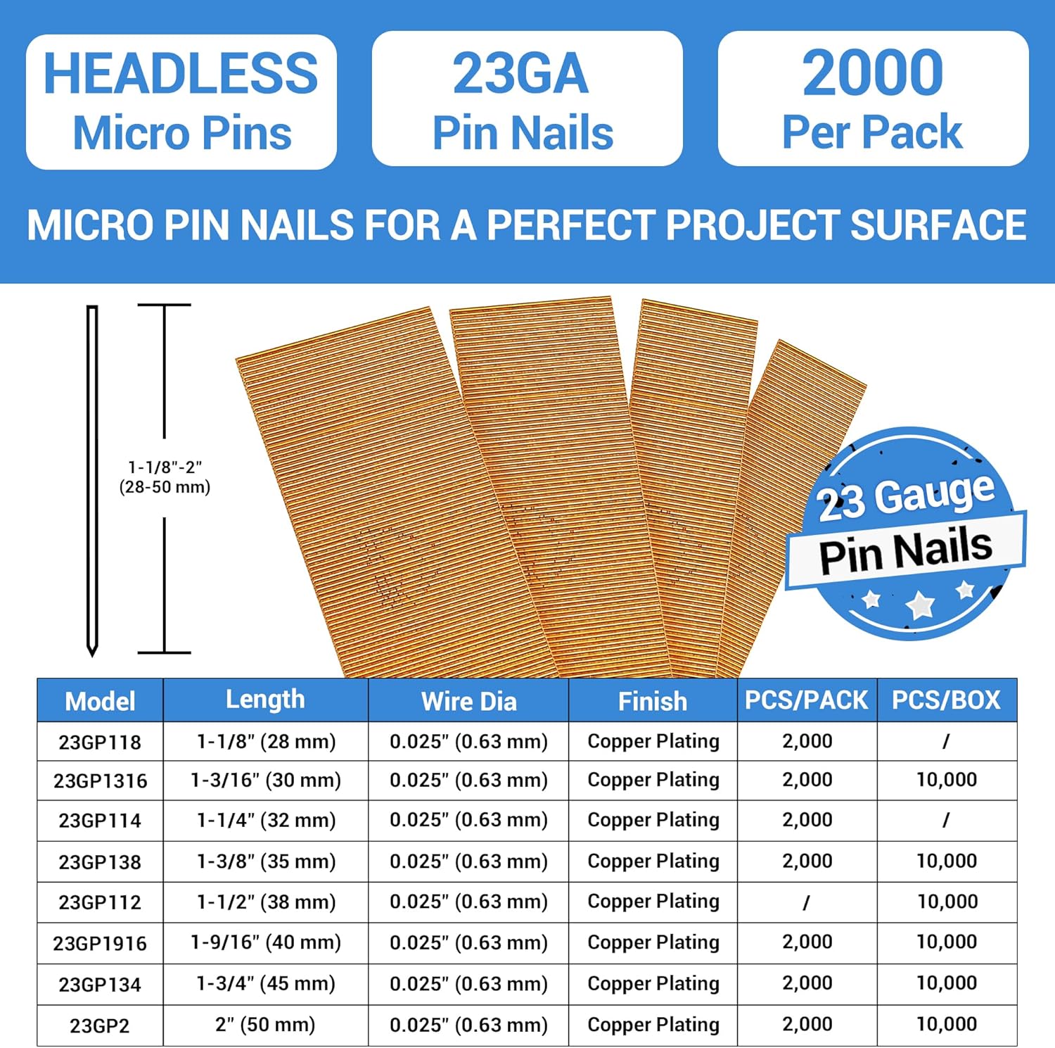 BRAND, CATEGORY, MEITE, PINNER NAILS, meite 23 Gauge Pin Nails, 1-1/4-Inch Micro Headless Pins for Pin Nailer - Copper Plated Pins Nails for Nail Gun, Ideal for Fine Woodworking and Trim Work (2,000 PCS)