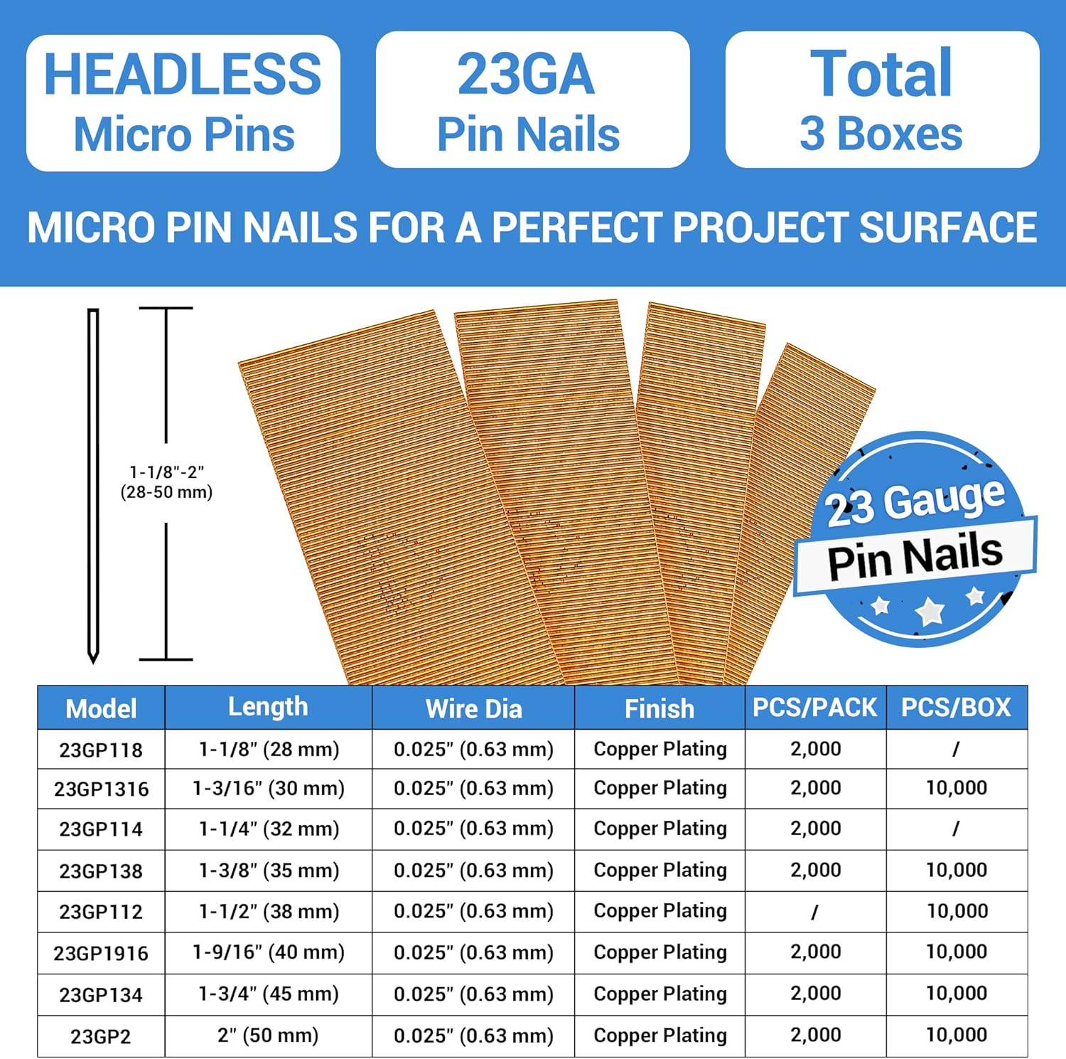 BRAND, CATEGORY, MEITE, PINNER NAILS, meite 23 Gauge Pin Nails, 2-Inch Micro Headless Pins for Pin Nailer - Copper Plated Pins Nails for Nail Gun, Ideal for Fine Woodworking and Trim Work (3 Boxes)