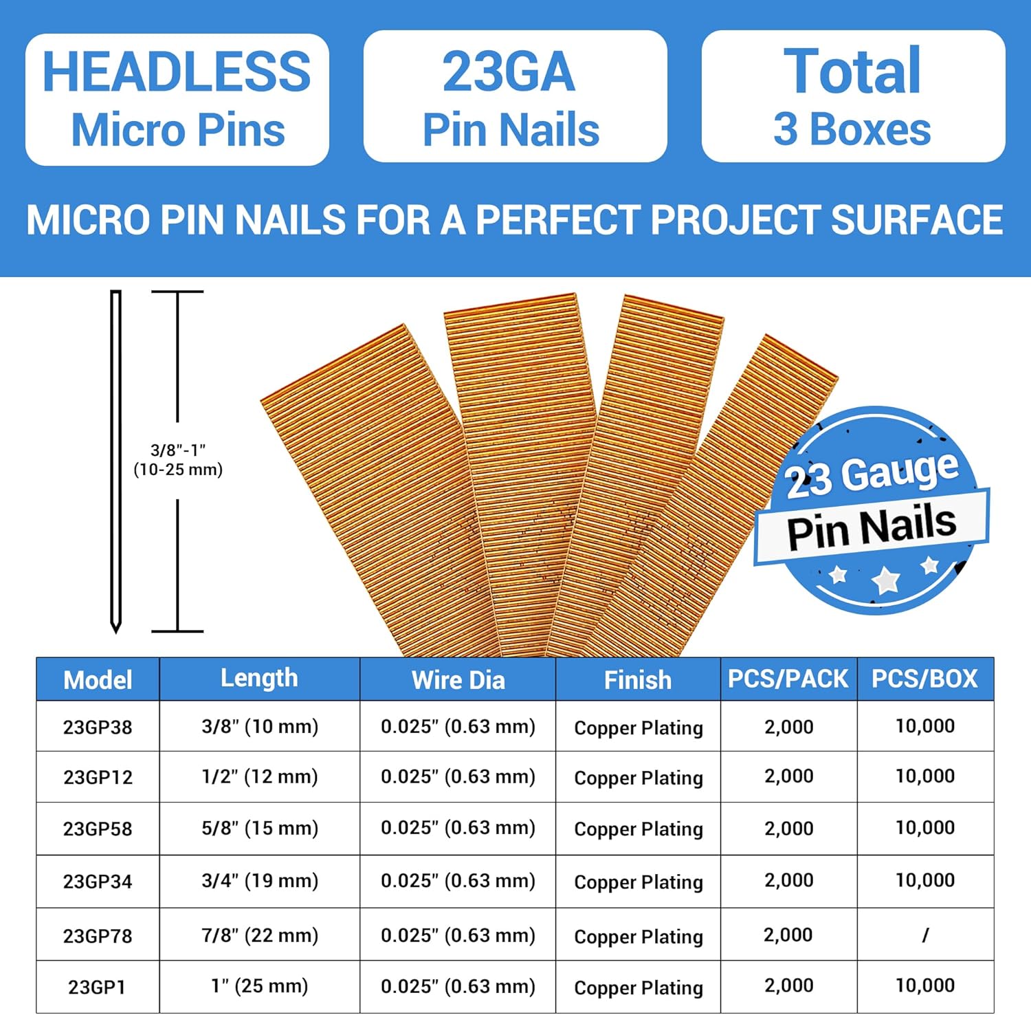 BRAND, CATEGORY, MEITE, PINNER NAILS, meite 23 Gauge Pin Nails, 5/8-Inch Micro Headless Pins for Pin Nailer - Copper Plated Pins Nails for Nail Gun, Ideal for Fine Woodworking and Trim Work (6 Boxes)