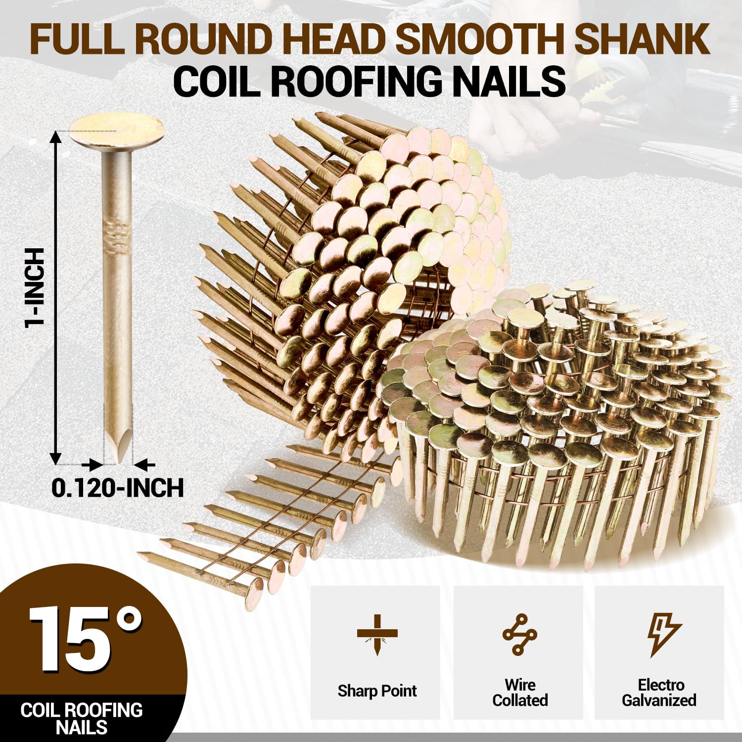 BRAND, CATEGORY, MEITE, ROOFING NAILS, meite 7,200 Counts Coil Roofing Nails, 1-Inch × .120-Inch 15 Degree Round Head Smooth Shank Electro Galvanized Roofing Nails for Coil Roofing Nailer Gun