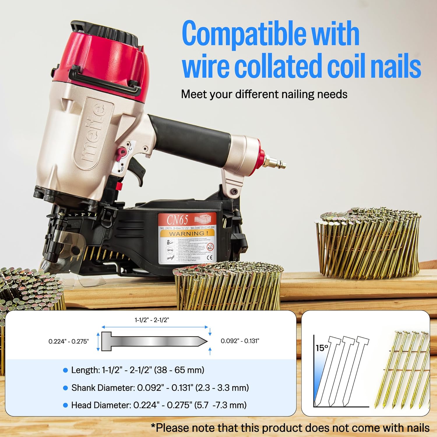 BRAND, CATEGORY, MEITE, SIDING NAILERS, meite CN65 Coil Decking Nailer, 15 Degree 1-1/2-Inch to 2-1/2-Inch Industrial Coil Siding Nailer or Coil Framing Nailer with Aluminum Housing