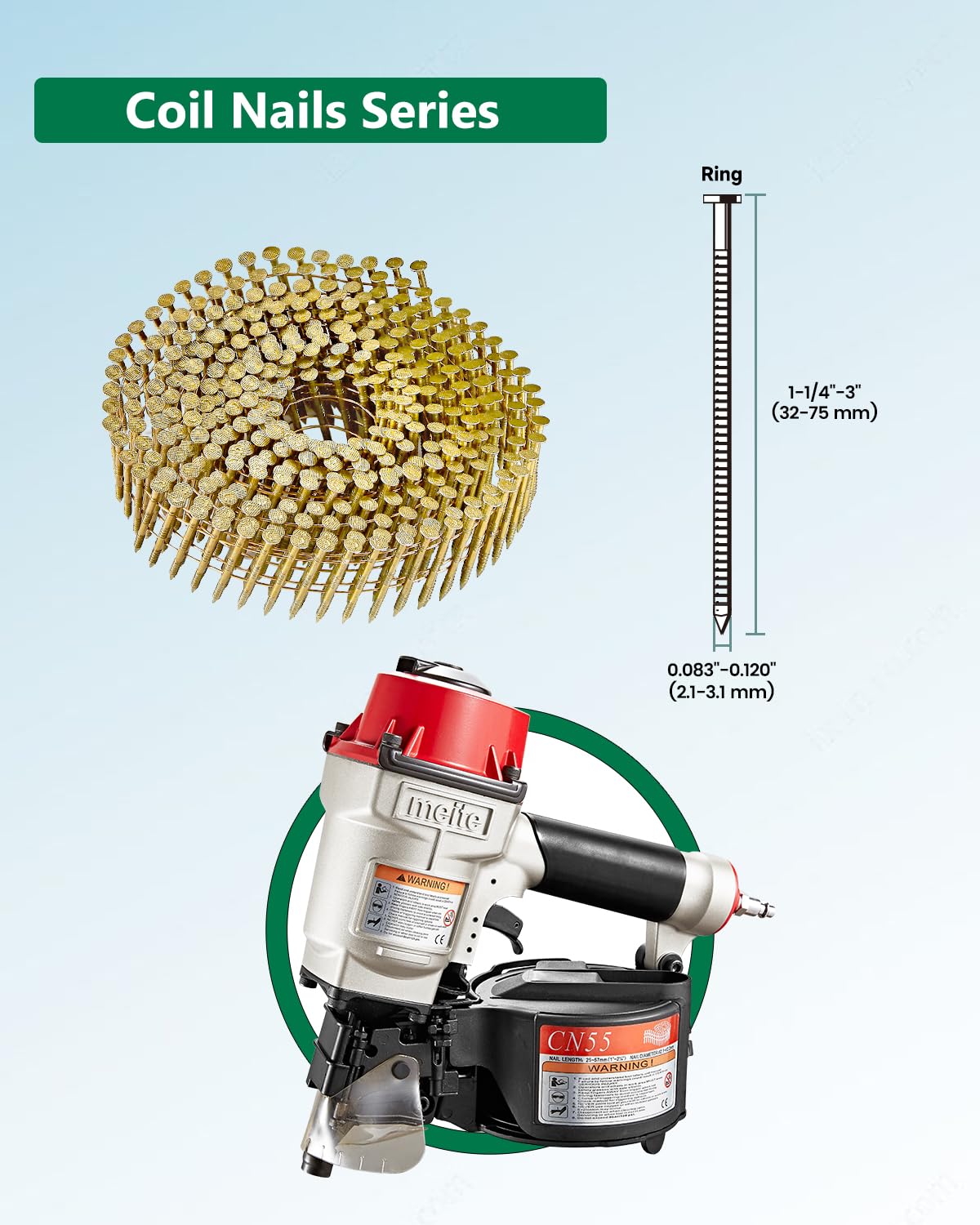 BRAND, CATEGORY, MEITE, SIDING NAILS, meite CNR134 Coil Siding Nails 1-3/4" × .083'' Ring Shank Wire Coil Nails 15 Degree Full Round-Head For Framing, Siding 14,000 PCS